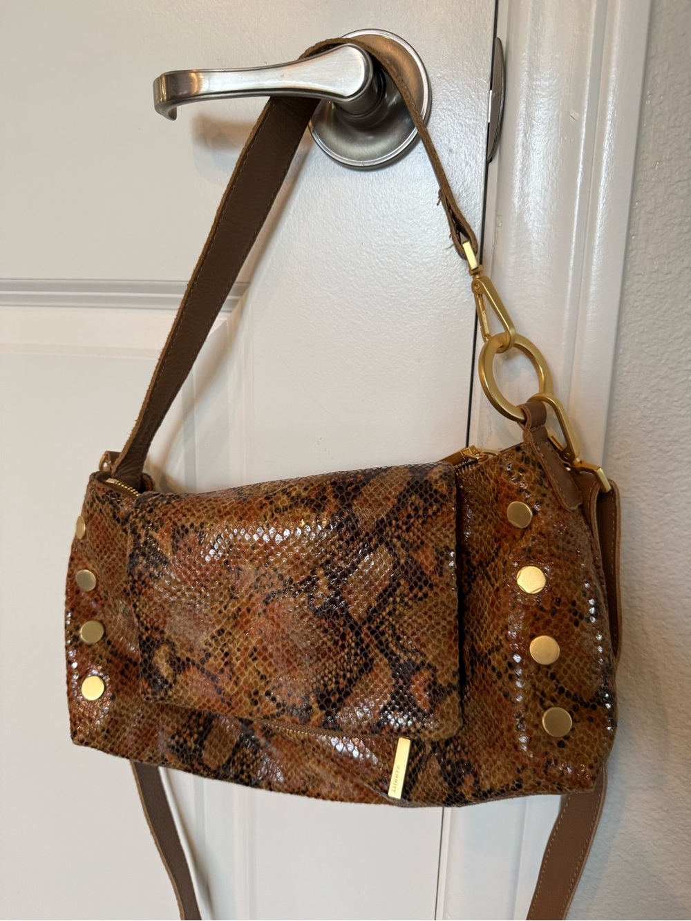Hammitt Tan/Brown Snake-Print Crossbody with Gold Hardware
